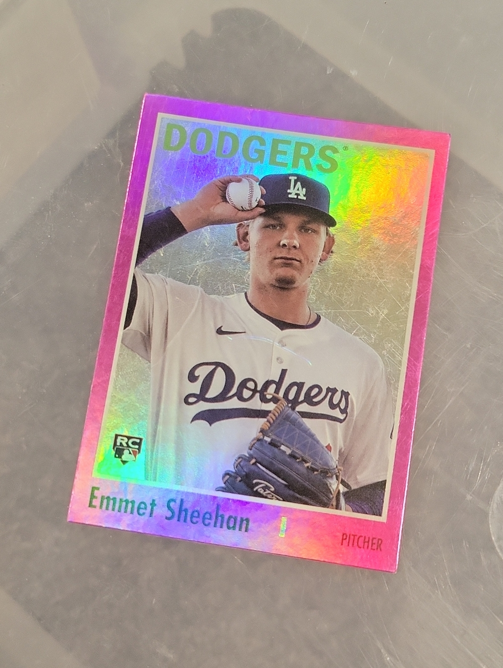 Pink Holographic Baseball Card - Dodgers Emmet Sheehan